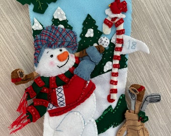 Golfing Snowman Completed Handmade Felt Christmas Stocking from Bucilla Kit