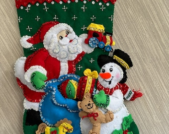 Santa and Snowman Completed Handmade Felt Christmas Stocking from New Design Kit