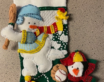 Baseball Snowman Completed Handmade Felt Christmas Stocking from Bucilla Kit