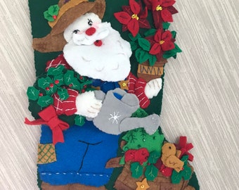 Garden Santa Completed Handmade Felt Christmas Stocking from Bucilla Kit