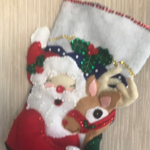 Santa and Rudolph Completed Handmade Felt Christmas Stocking from Bucilla Kit image 3