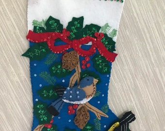 Holiday Birds Completed Handmade Felt Christmas Stocking from Bucilla Kit