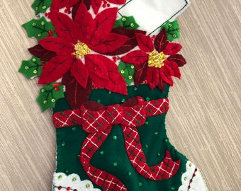 Christmas Poinsettia Completed Handmade Felt Christmas Stocking from Bucilla Kit