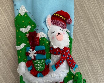 Christmas Llama Completed Handmade Felt Christmas Stocking from Bucilla Kit