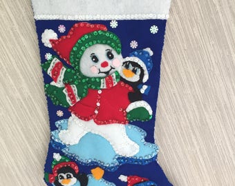 Snowman and Penguins Completed Handmade Felt Christmas Stocking from Design Works Kit