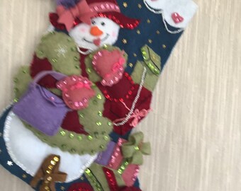 Snow Lady Completed Handmade Felt Christmas Stocking from Bucilla Kit