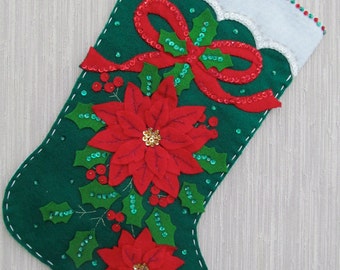 Elegant Poinsettia Completed Handmade Felt Christmas Stocking from Bucilla Kit
