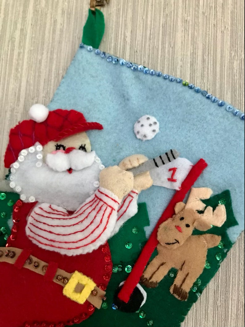 Golfing Santa Number 2 Completed Handmade Felt Christmas Stocking from Bucilla Kit image 2