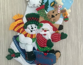 Sledding Friends Completed Handmade Felt Christmas Stocking from Bucilla Kit