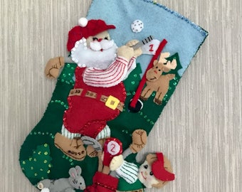 Golfing Santa Number 2 Completed Handmade Felt Christmas Stocking from Bucilla Kit