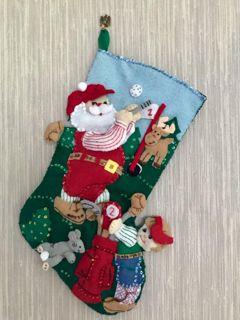 Golfing Santa Number 2 Completed Handmade Felt Christmas Stocking from Bucilla Kit image 1