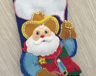 Cowboy Santa Completed Handmade Felt Christmas Stocking from Design Works Kit