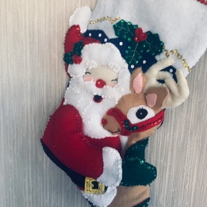 Santa and Rudolph Completed Handmade Felt Christmas Stocking from Bucilla Kit image 1