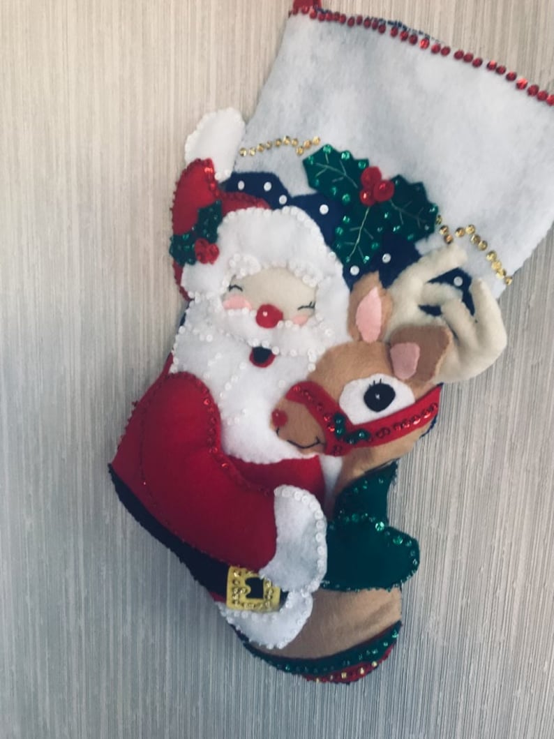 Santa and Rudolph Completed Handmade Felt Christmas Stocking from Bucilla Kit image 1