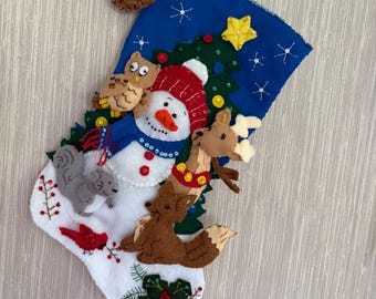 Woodlands Snowman Completed Handmade Felt Christmas Stocking from Bucilla Kit