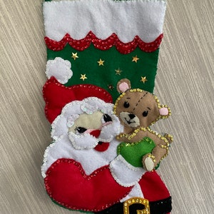 Santa and Teddy Bear Completed Handmade Felt Christmas Stocking from New Design Kit image 1