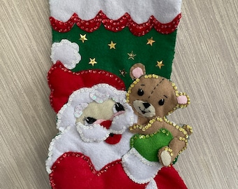 Santa and Teddy Bear Completed Handmade Felt Christmas Stocking from New Design Kit