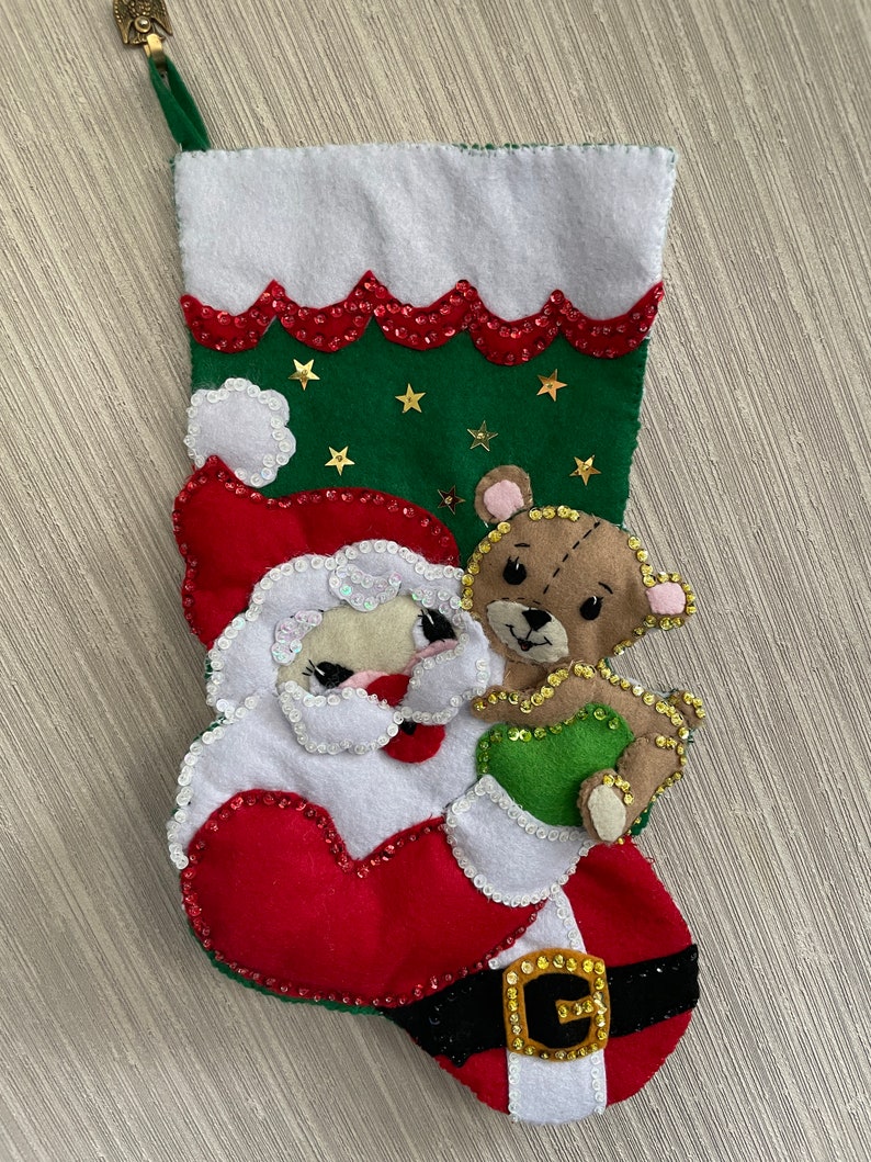 Santa and Teddy Bear Completed Handmade Felt Christmas Stocking from New Design Kit image 1