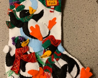 Playful Penguins Completed Handmade Felt Christmas Stocking from Dimensions Kit