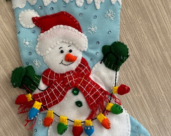 Snowman With Lights Completed Handmade Felt Christmas Stocking from Bucilla Kit