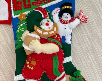 Go Santa Football Santa Completed Handmade Felt Christmas Stocking from Bucilla Kit