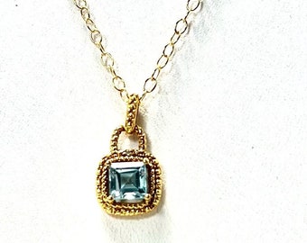 Genuine Real Diamond Accent Blue Topaz 925 Sterling Silver 14k Gold Plated Pendant on a 24” Gold Filled Adjustable Cable Chain, Gift for Her