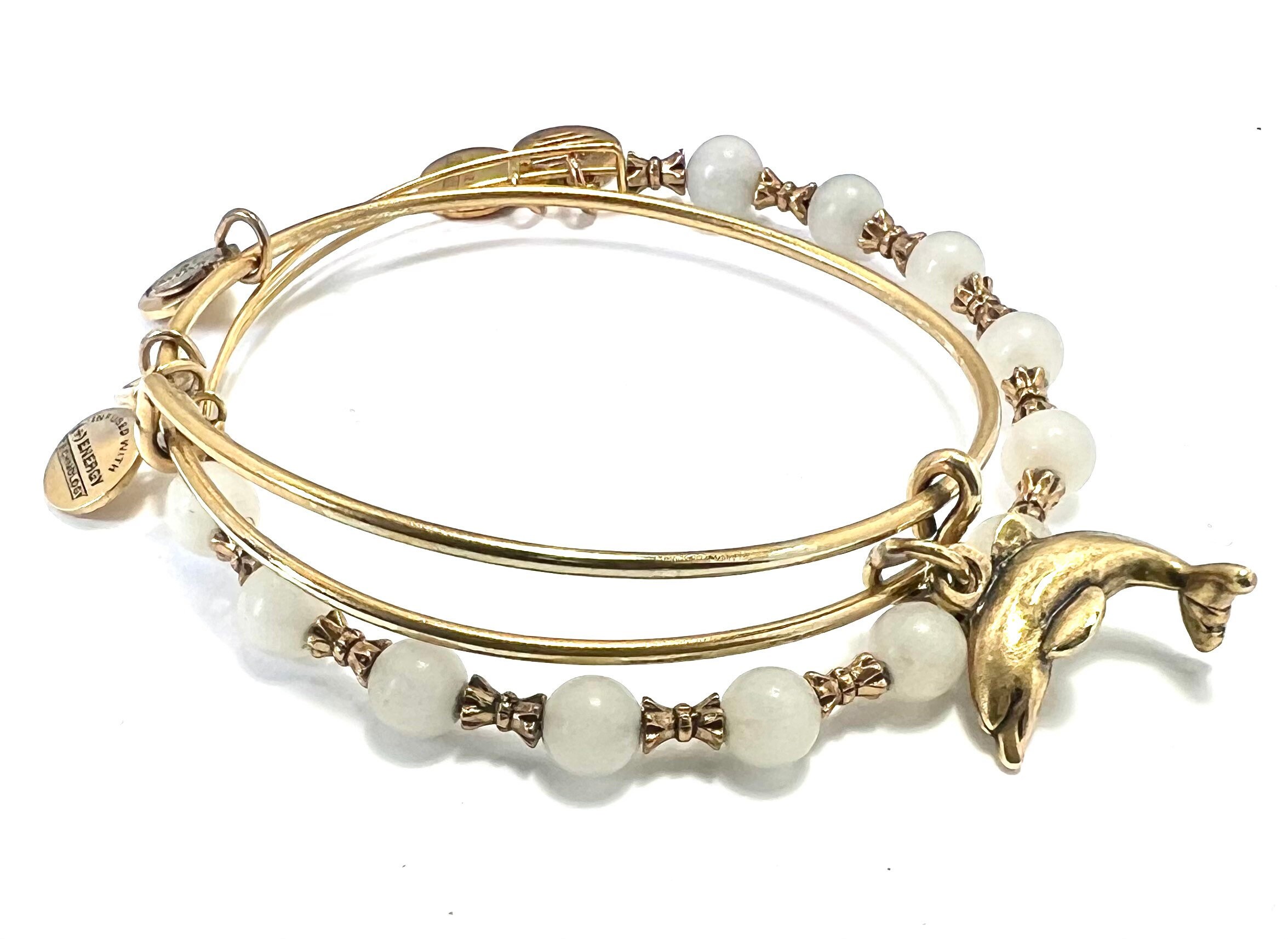 Alex and Ani Two Bangle Bracelets Dolphin Charm Beaded Bracelet