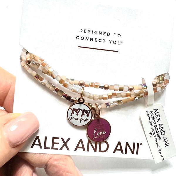 Alex and Ani - Gossip Girl Charms Set of Three, You Know You Love Me Stretchy Bracelets, NWT with  Card + Box, Collector’s Gift For Her