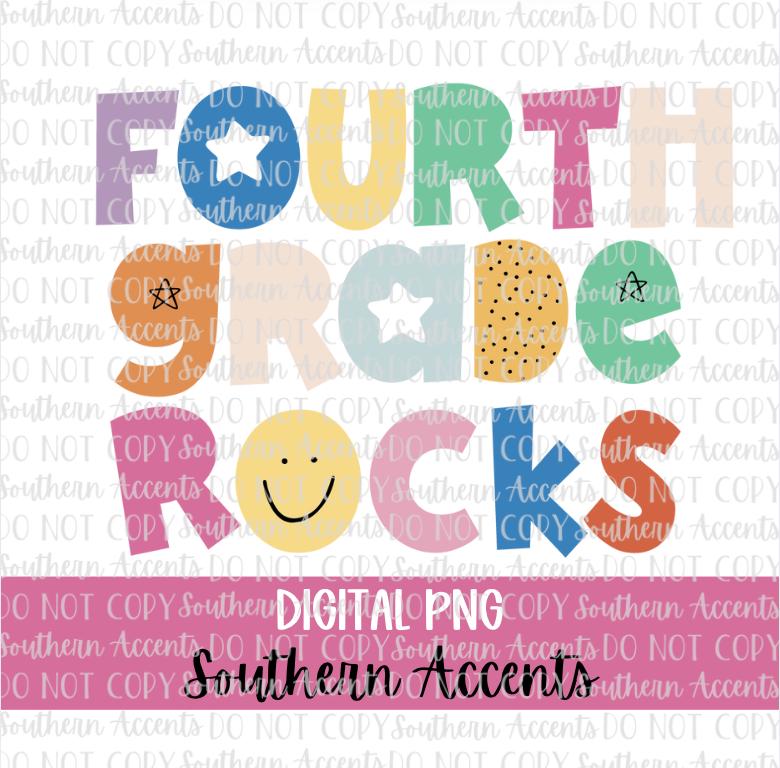 Fourth Grade Rocks PNG, Back to School Sublimation Design, Teacher Colorful Student Png, 4th Grade Doodles Stars Png