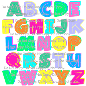May include: A colourful alphabet with a white background. Each letter has a multi-coloured outline and a white interior. The letters are arranged in alphabetical order.