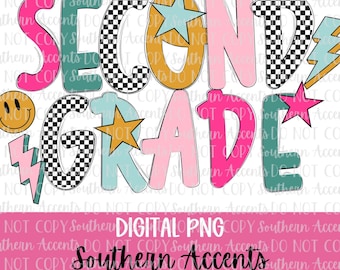 2nd Grade Retro PNG, Second Grade, Back to School Sublimation Design, Teacher Colorful Student Png, 2nd Second Grade Smiley Stars Retro Png