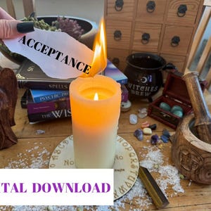 May include: A burning candle with the word "ACCEPTANCE" on a paper. The image features books, crystals, a wooden angel, and the text "DIGITAL DOWNLOAD". The scene suggests a spiritual or mystical theme.