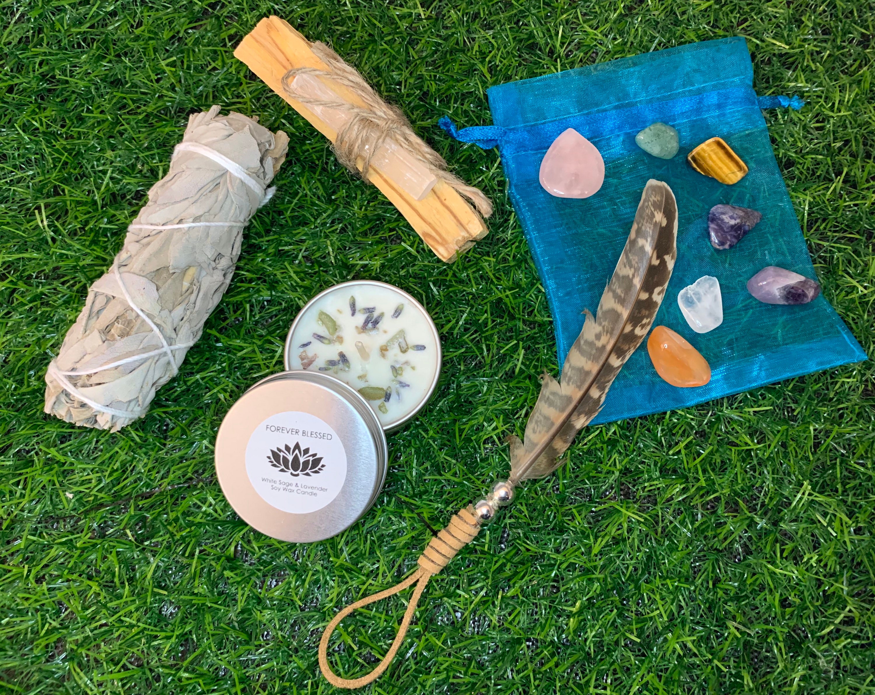 Cleansing Smudge kit removes negative energy with sage crystals feather candle + FREE GIFT !!!!