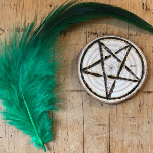May include: A wooden circle with a five-pointed star burned into the surface. The star is a pentagram, a symbol often associated with witchcraft and paganism. A green feather is in the background.