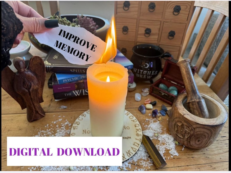 May include: A lit candle with the text "IMPROVE MEMORY" burning. The image includes books, crystals, a mortar and pestle, and the text "DIGITAL DOWNLOAD". The candle is on a wooden surface.