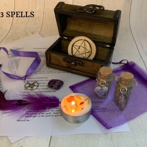 Triple spell set  ANXIETY - PROTECTION - SLEEP spell kit in wooden chest • witchcraft , pagan • soy wax vegan candle • gift • spell magick •