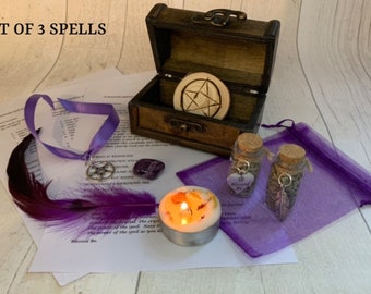 Triple spell set  ANXIETY - PROTECTION - SLEEP spell kit in wooden chest • witchcraft , pagan • soy wax vegan candle • gift • spell magick •