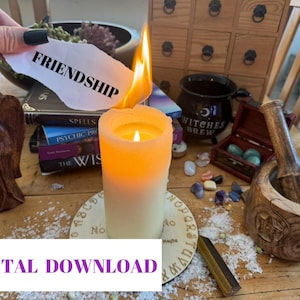 May include: A lit white and orange candle with the word "FRIENDSHIP" on a paper being burned. The image includes a wooden angel statue, books, and a wooden mortar and pestle. The text "DIGITAL DOWNLOAD" is at the bottom.