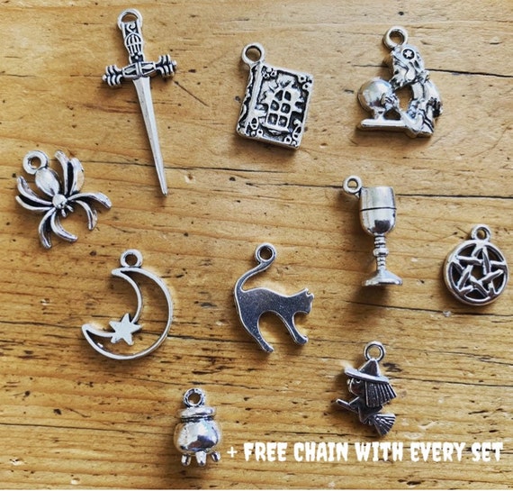 10 Assorted Wiccan Witch Charms Charms Pentagram Pendant Gift Pagan Chalice  Craft Halloween Witches Cat Book of Shadows 