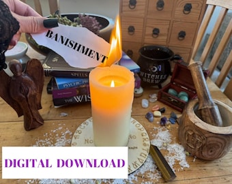 May include: A lit candle with an orange and white gradient sits on a wooden table with other mystical items. A piece of paper with the word "BANISHMENT" is held near the flame. The words "DIGITAL DOWNLOAD" are at the bottom.