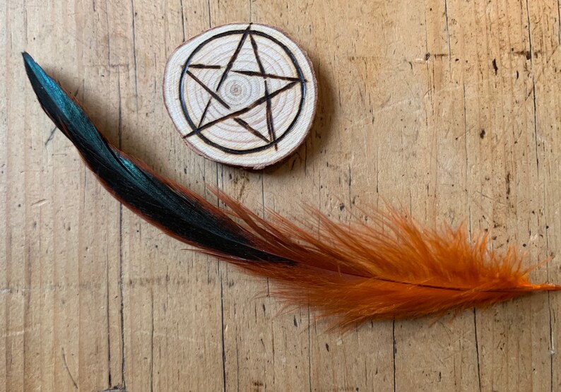 May include: A wooden circle with a pentagram burned into the surface, and a long orange and black feather lying on a wooden surface.