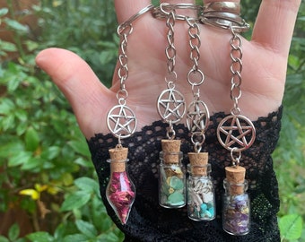 Llavero de frasco de hechizos, llavero de pentáculo, llavero de regalo, llavero de protección, ansiedad, riqueza, botella de hechizos, regalo de brujas, llavero de botella de hechizos