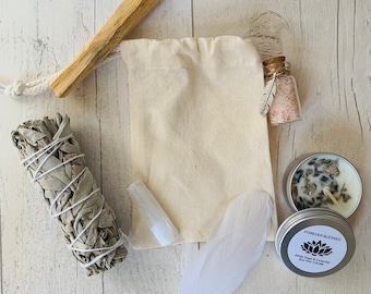 Mini kit portátil de limpieza - Limpieza - Limpieza energética - Limpieza espiritual - Energía positiva - Salvia blanca - Vela de soja - Curación con cristales