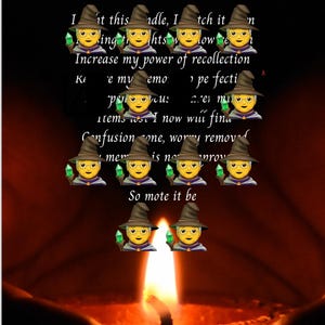 May include: Image of a candle flame with text: "A Powerful Spell To Improve Memory." Witch emojis are scattered around the text. The background is dark red and black.