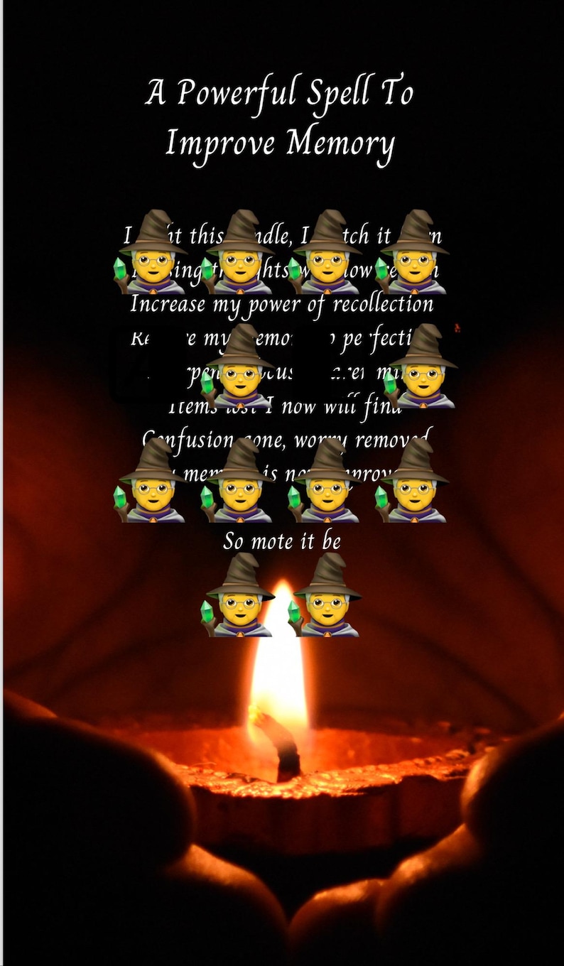 May include: Image of a candle flame with text: "A Powerful Spell To Improve Memory." Witch emojis are scattered around the text. The background is dark red and black.