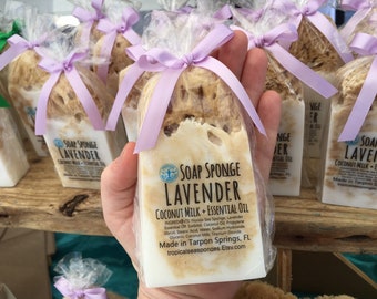 Lavender Soap Sponge - Essential Oil Dual Purpose Soap - Natural Sea Sponge infused into Coconut Milk Soap - 8oz