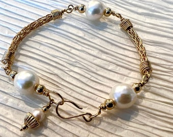 14KTGF handwoven and pearl bracelet