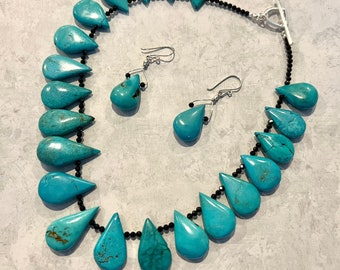 Puffy turquoise teardrops and faceted black spinel necklace