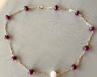 Ruby and pearl tin cup or station necklace.