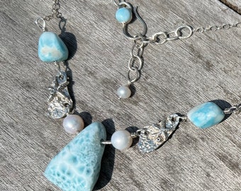 Larimar necklace with pearls and starfish, beach